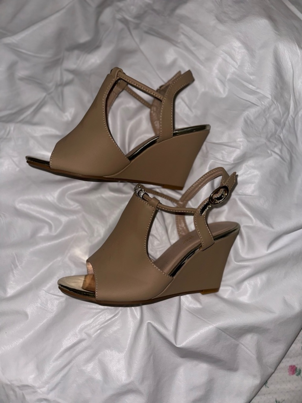 Wedge Peep-Toe Sandals in Taupe
